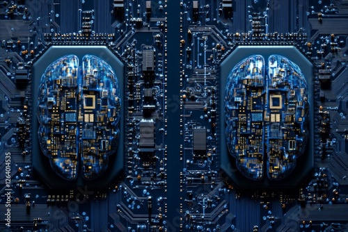 Symmetrical blue circuit brains against futuristic digital backdrop symbolizing artificial intelligence, neural networks, and data processing in cutting edge technological illustration