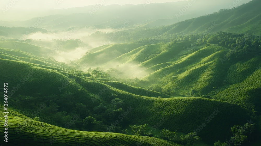 Naklejka premium Scenic view of a lush green valley with rolling hills in sri lanka captured in realistic photography