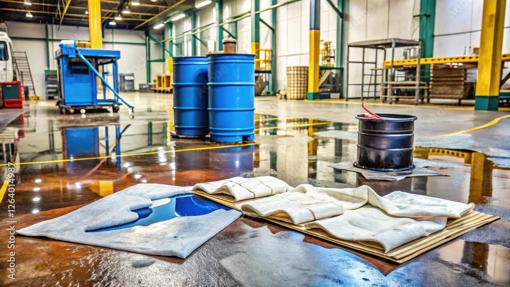 Industrial spill cleanup on a concrete floor with oil-soaked absorbent pads surrounding it, oil spill, cleanup equipment Industrial spill cleanup on a concrete floor with oil-soaked absorbent pads surrounding it, oil spill, cleanup equipment