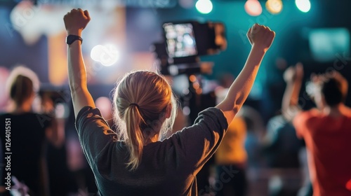 Female videographer recording a live music event, raising her hands in celebration while capturing the energetic atmosphere and enthusiastic crowd