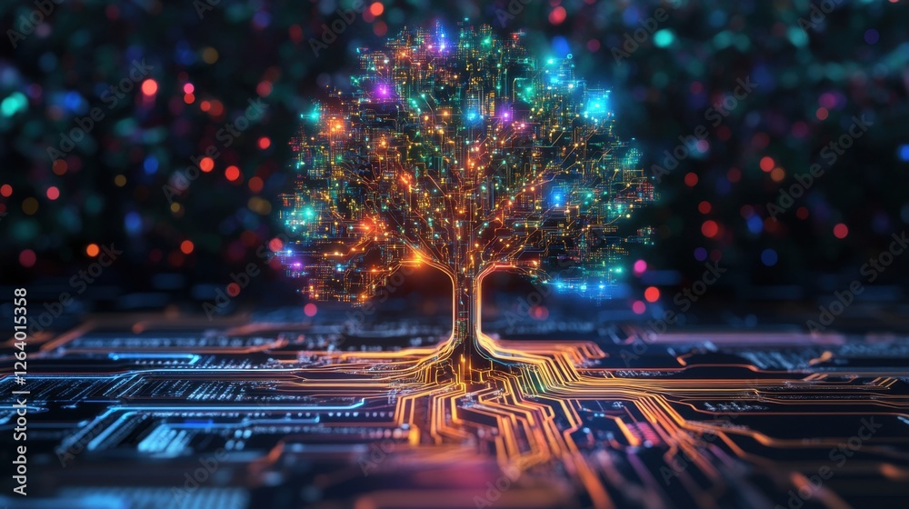 Obraz premium A glowing, electric tree design made of circuit paths, radiating vibrant colors against a high-tech circuit board.