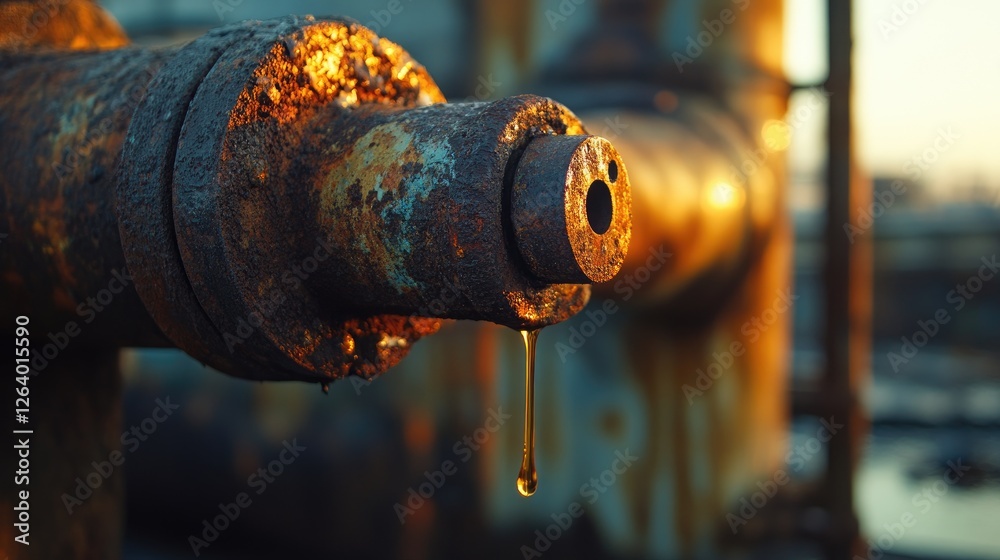 A close-up of a corroded pipe dripping oil, with a rugged industrial backdrop highlighting concerns about oil extraction, decay, and environmental impact. A close-up of a corroded pipe dripping oil, with a rugged industrial backdrop highlighting concerns about oil extraction, decay, and environmental impact.