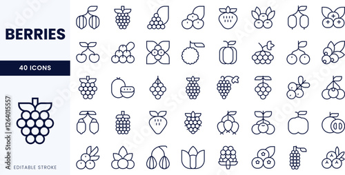 A collection of minimalistic berry icons, showcasing various types like strawberries, blueberries, and blackberries in editable stroke format.