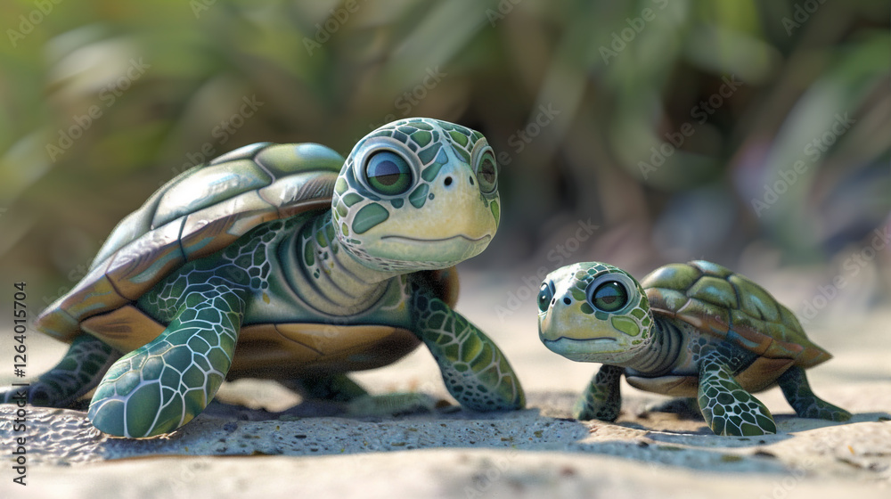 Fototapeta premium Two 3D cartoon style animated turtles, one larger and one smaller, depicted in a realistic style. 