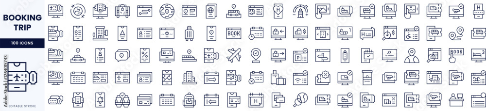 A diverse collection of thin line icons representing various elements of travel and booking, showcasing an organized travel planning theme. A diverse collection of thin line icons representing various elements of travel and booking, showcasing an organized travel planning theme.