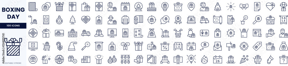 A diverse collection of icons representing Boxing Day, featuring gift boxes, shopping themes, and festive elements. A diverse collection of icons representing Boxing Day, featuring gift boxes, shopping themes, and festive elements.