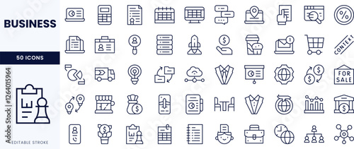 A collection of business-themed icons in a sleek, minimalist line art style.