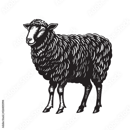 Vector of monochrome sheep illustration, vintage style. Detailed, textured wool, gentle pose. Classic, rustic, design element. Farm animal, pastoral charm.