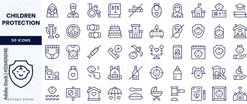 A collection of icons related to children protection, featuring diverse themes and symbols.
