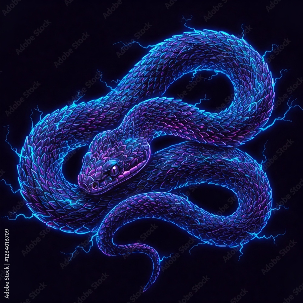 Fototapeta premium A blue electric snake on a black background.