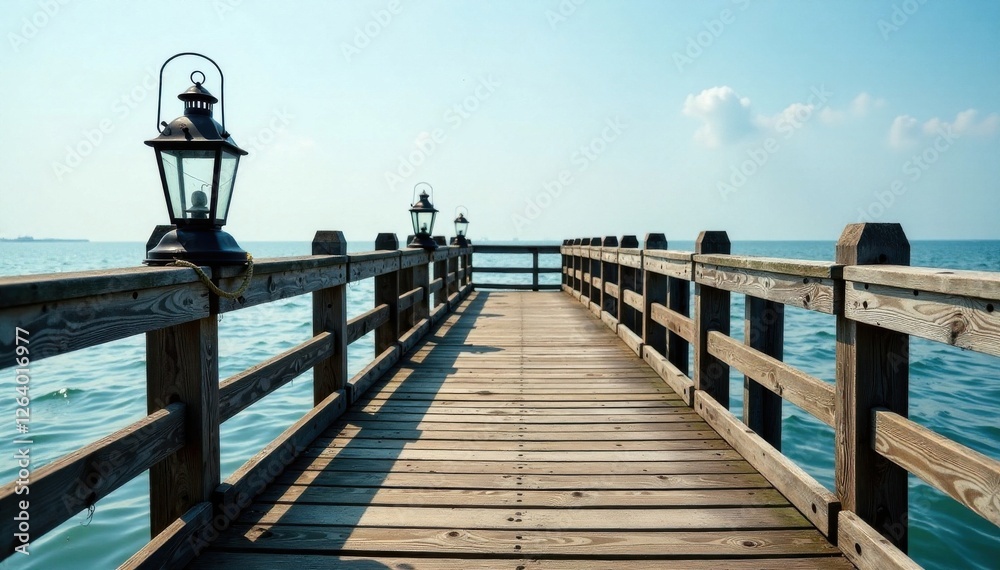 Weathered wooden dock railing with old lanterns and rope, coastal, aged Weathered wooden dock railing with old lanterns and rope, coastal, aged