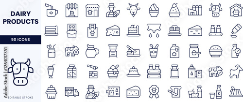 An array of line icons representing various dairy products, featuring cows, milk, cheese, and butter in a clean, minimalist design.