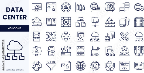A collection of editable stroke icons representing data centers, illustrating various tech concepts and functionalities in a clean, modern design.