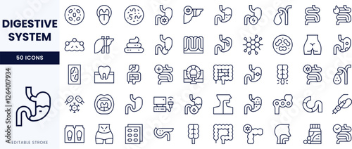 A collection of line icons representing the digestive system, showcasing various organs and processes in a minimalist design.