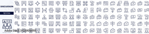 A collection of discussion-themed icons, featuring diverse concepts of communication, collaboration, and decision-making in various styles.