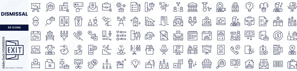 A collection of line icons representing various concepts related to dismissal and exit procedures. A collection of line icons representing various concepts related to dismissal and exit procedures.