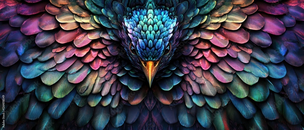 Obraz premium A vibrant, colorful illustration of a majestic bird with intricately detailed feathers, set against a dark background, evoking a sense of wonder
