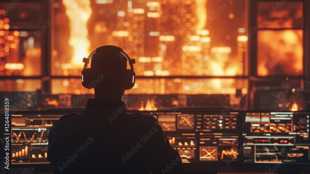 A silhouette of a surveillance officer wearing headphones, overseeing a city in flames from a futuristic control room filled with glowing monitors and digital data. AI generated. A silhouette of a surveillance officer wearing headphones, overseeing a city in flames from a futuristic control room filled with glowing monitors and digital data. AI generated.