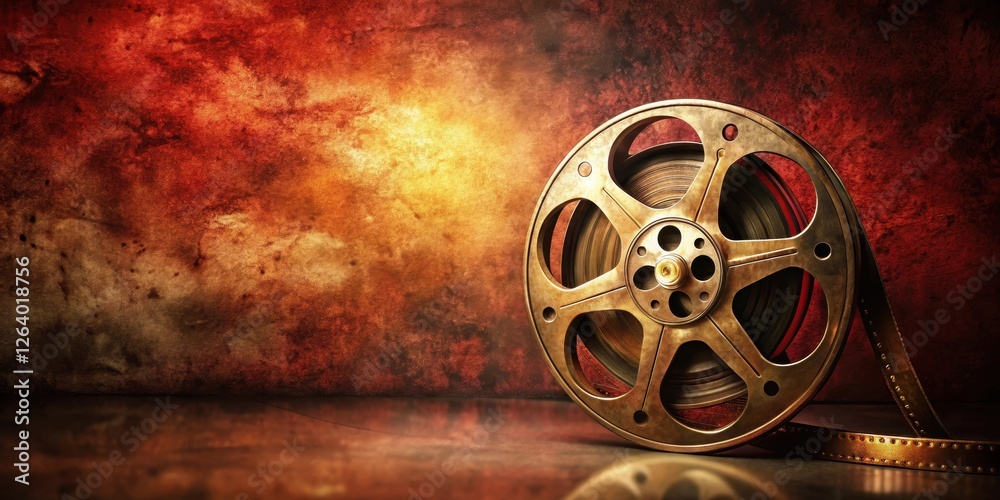 Obraz premium Detailed image of an old film reel on a rich red background with subtle texture and warm lighting, antique equipment, vintage film reel