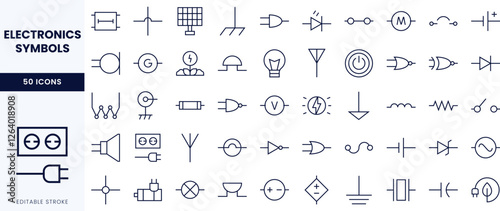 Collection of various electronics symbols, including resistors, capacitors, and diodes, in a clean, minimalistic style.
