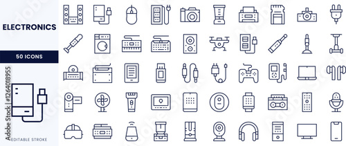 A collection of minimalistic electronic device icons, showcasing various gadgets from cameras to gaming controllers.