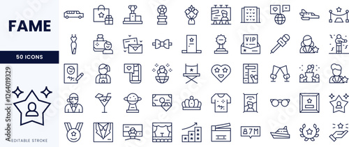 Collection of fame-related icons showcasing awards, celebrities, and entertainment symbols in a minimalistic line art style.