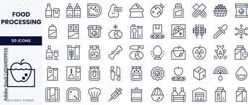 Collection of line icons representing various food processing elements and tools in a minimalist style.