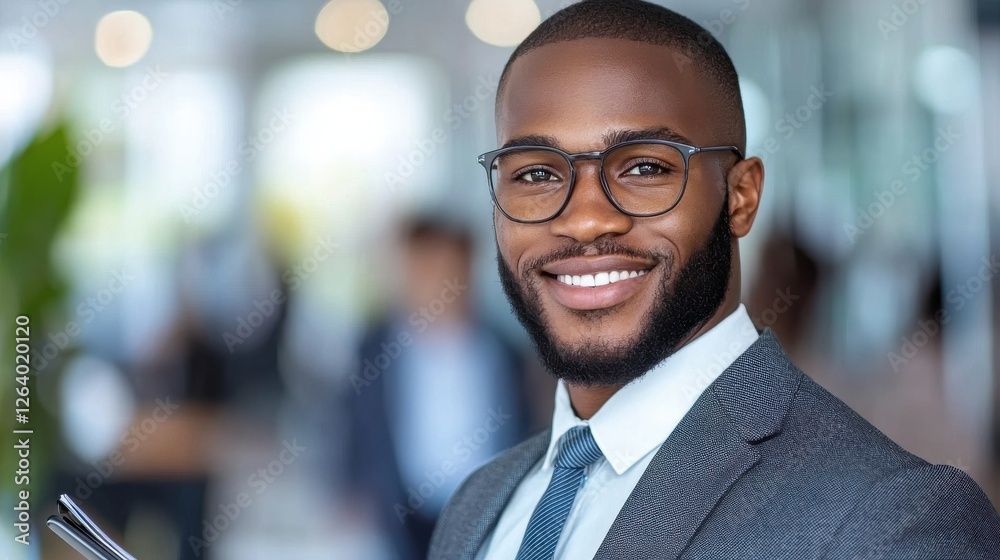 Portrait of a confident and successful African American businessman dressed in a suit and tie smiling and standing in a modern office environment He projects an air of professionalism leadership Portrait of a confident and successful African American businessman dressed in a suit and tie smiling and standing in a modern office environment He projects an air of professionalism leadership