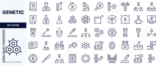 A collection of editable stroke icons representing genetic research and biotechnology.