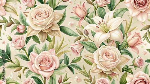 Detailed illustration of a seamless floral pattern featuring soft pink roses and white lilies on a cream-colored background, flowers, cream background