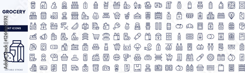 A collection of grocery-themed icons in a sleek, minimalist line art style, showcasing various food and household items.