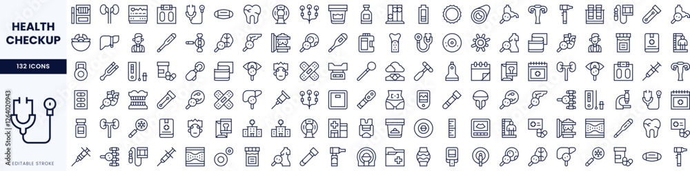 A diverse collection of health checkup icons, including medical tools, symbols, and health-related items in a minimalist design. A diverse collection of health checkup icons, including medical tools, symbols, and health-related items in a minimalist design.