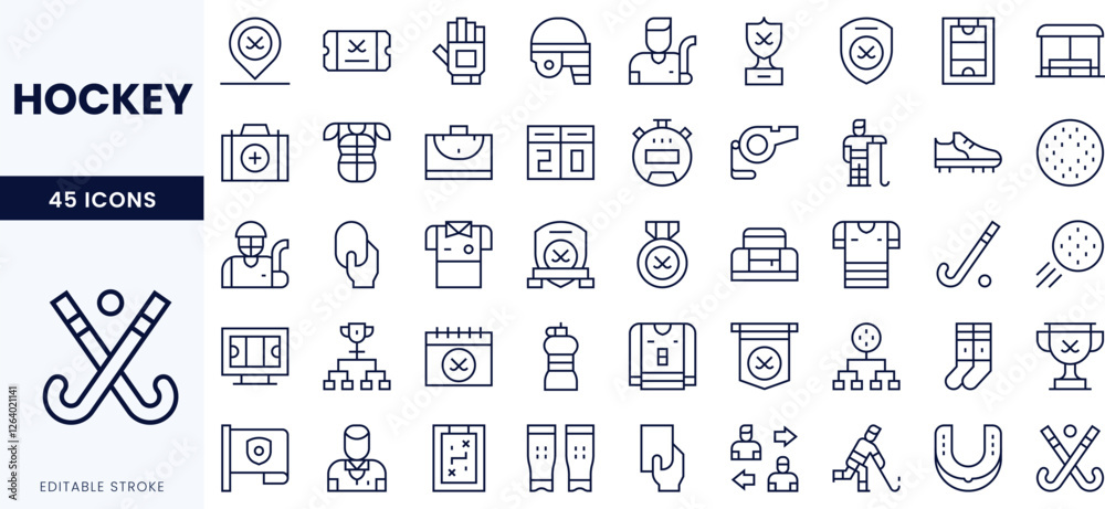 A collection of editable stroke hockey icons showcasing various elements of the sport. A collection of editable stroke hockey icons showcasing various elements of the sport.