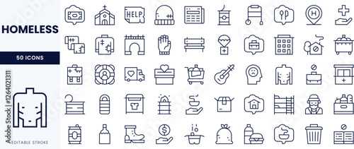 A collection of line icons representing issues related to homelessness, including shelters, services, and resources.