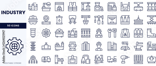 A diverse collection of industrial icons, featuring machinery, tools, and production elements in a sleek, linear design.