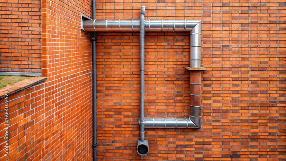 Aerial view of a red brick wall with two metal downspouts and a pit below, architecture, brick wall, architecture Aerial view of a red brick wall with two metal downspouts and a pit below, architecture, brick wall, architecture