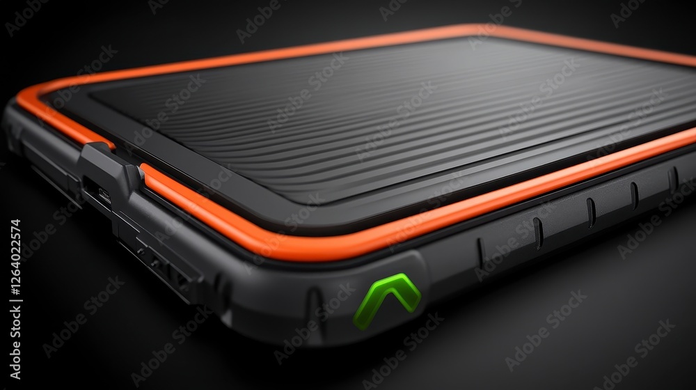 Durable rugged tablet with orange accents on a dark background Durable rugged tablet with orange accents on a dark background