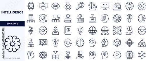 A collection of icons representing various concepts related to intelligence and innovation, featuring outlines of brains, books, and technology.