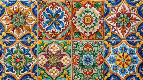 Colorful Sicilian-inspired ceramic tiles with intricate floral patterns and ornate details in a vintage style background, ceramic tile, vetro decorativo © udomsak