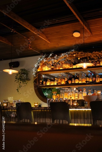 backdrop of moody bar at fine dining restaurant in high end locale