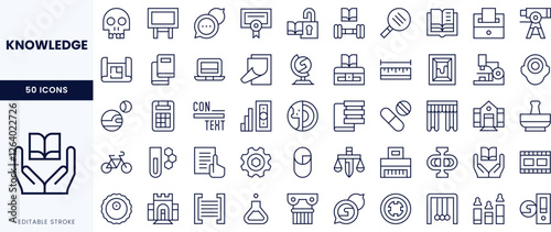 A collection of minimalist knowledge-themed icons, showcasing a variety of educational and professional symbols.