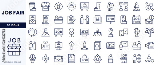 A collection of line icons related to job fairs, featuring concepts like resumes, interviews, and networking.