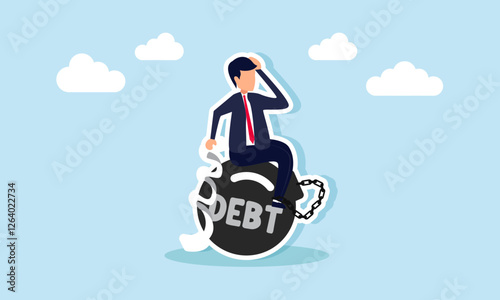 Businessman holds a bill and is chained to an iron weight labeled DEBT, illustration of being trapped and burdened by debt and pay-later commitments