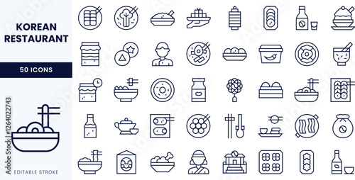 A collection of editable stroke icons representing various Korean restaurant dishes and utensils.