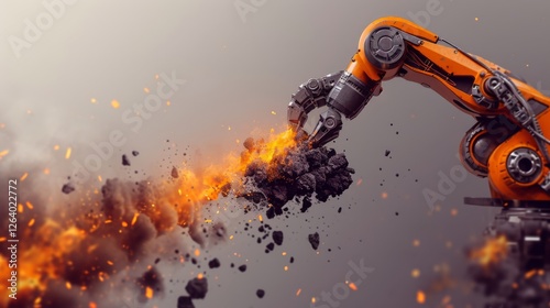 A futuristic robotic arm crushes rock, generating a dramatic fiery explosion. Sparks and debris fly in a high-tech industrial setting, symbolizing power and innovation. AI generated.