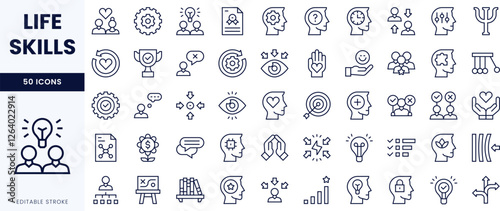 Set of life skills icons featuring diverse designs, emphasizing personal growth and development, perfect for educational materials.