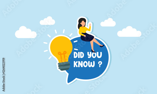 Businesswoman sits on a chat bubble that says DID YOU KNOW? with a brightly lit lamp beside her, illustration of news highlights and knowledge or fun facts