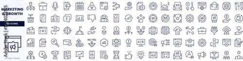 A comprehensive set of marketing and growth icons, showcasing various business concepts and strategies in a minimalist style.
