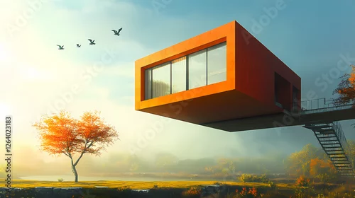 Tapety Cube shaped house balancing on one point defying gravity with a minimalist and captivating architectural design. Architectural Paradoxes. Illustration