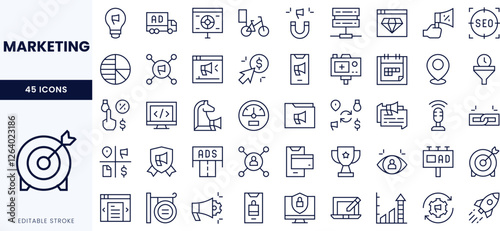 A collection of marketing-themed icons, featuring line art elements such as a target, digital devices, and advertising symbols.